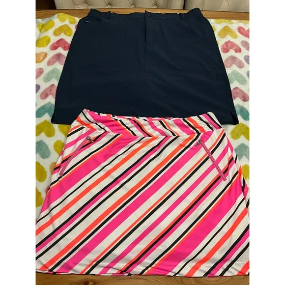 BUNDLE 2PC Tilley Women Golf Skort L Navy & Tail Pink Orange White Stripe size L - Picture 1 of 7